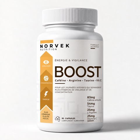 Flacon NORVEK Boost, caféine, arginine, taurine et vitamine C, 30 capsules